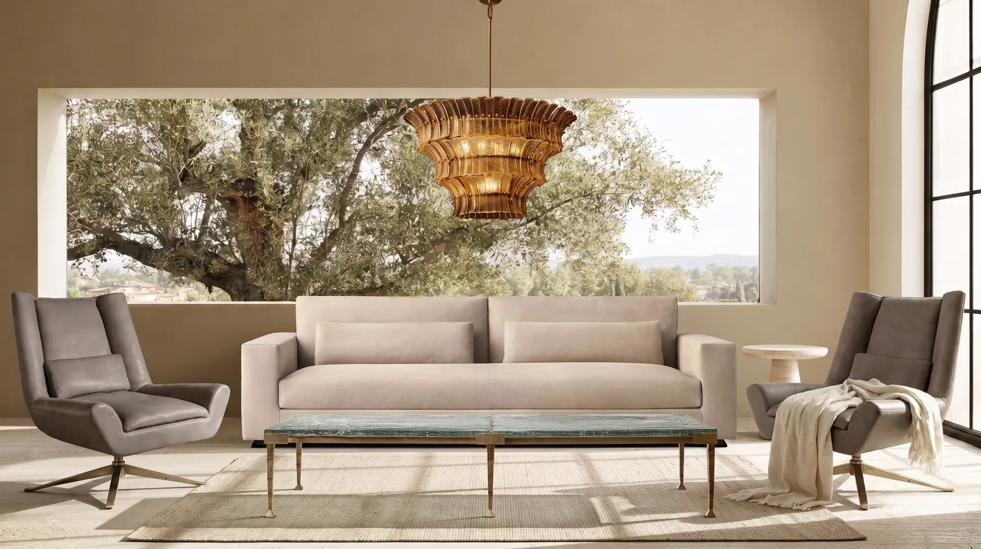 Deep-seat upholstered seating in an architectural interior